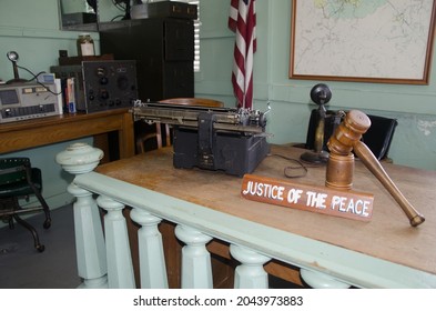 MT AIRY, NORTH CAROLINA, USA -SEPTEMBER 19, 2021 - Replica of Sheriff Andy Griffith's desk in from the Andy Griffith Show serves as a backdrop for annual Mayberry Days celebration. 
