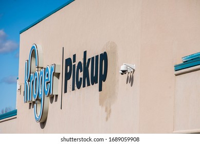 Mt. Carmel, Ohio / USA -March 30 2020: Close Up Of Storefront Signage For The First Kroger Pickup (Location Only) For Drive-through Retrieval Of Groceries Ordered Online.