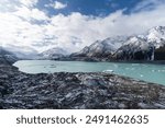 Mt Cook, New Zealand: Panorama of the stunning Tasman lake and glacier in the Mt Cook region in the southern alps in New Zealand south island in winter