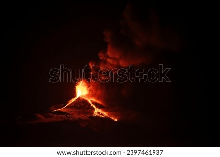 Mt Etna volcano eruption in the night, December 1th, 2023