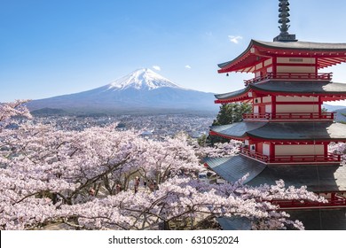 Mt. Fuji with Chureito Pagoda, cherry blossom sakura in Spring, Japan