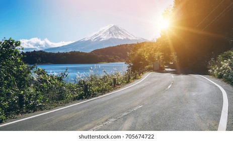 Mt Fuji In Japan And Highway Road Side Of Lake Kawaguchiko.