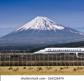 Mt. Fuji In Japan With Passing Train.