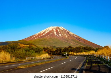 Mt. Fuji In Japan With Road At Sunset Time