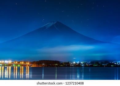 Mt. Fuji At Lake Kawaguchi Night Time.