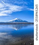 Mt. Fuji on a Sunny Day from Nagaike Water Park, Lake Yamanaka, Yamanashi, Japan.