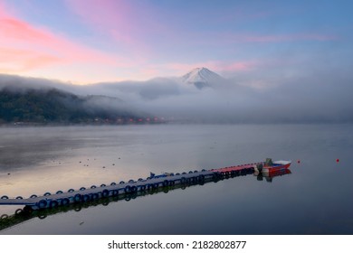 Mt. Fuji Over Lake Kawaguchi, Japan With Fog Rolling In At Dawn.