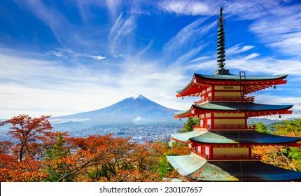 Mt. Fuji with red pagoda in autumn, Fujiyoshida, Japan