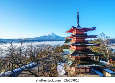 Mt. Fuji with red pagoda, Fujiyoshida, Japan