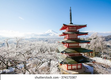 Mt. Fuji With Red Pagoda In Winter, Fujiyoshida, Japan