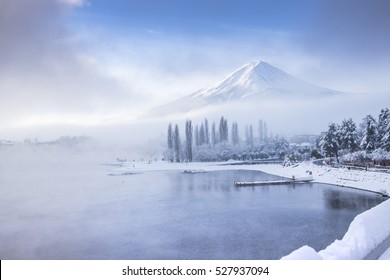Mt Fuji with snow in winter at lake Kawaguchiko Japan