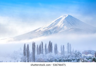 Mt Fuji With Snow In Winter At Lake Kawaguchiko Japan