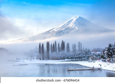 Mt Fuji with snow in winter at lake Kawaguchiko Japan
