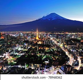 Mt Fuji And Tokyo City In Twilight