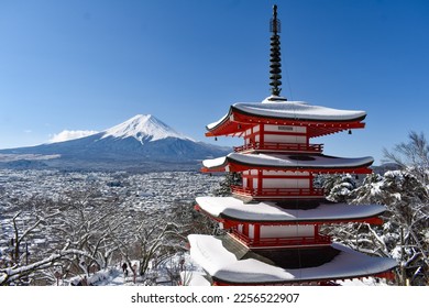 Mt Fuji view from Arakurayama Sengen Park in the snow, Fujiyoshida, Yamanashi prefecture, Japan, February 2022