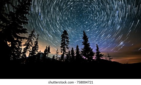 Mt. Hood And Aurora Night Sky Star Trails Over Oregon