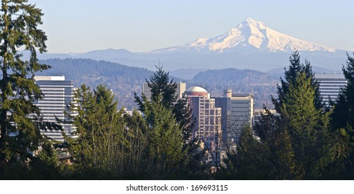 Mt. Hood panorama and downtown Portland Oregon buildings.