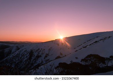 Mt Hotham, Victoria, Australia Sunset Over The Snow In Winter