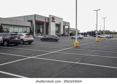 Mt. Laurel, New Jersey - September, 2021: A Toyota Dealership With Its Parking Lot Almost Empty Do To A Shortage Of Materials To Make Manufacture New Cars