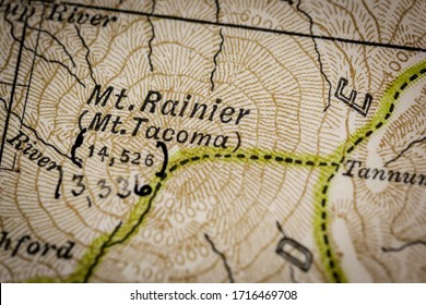 Mt Rainier, Washington. Selective Focus On Name. Old Map Fragment Originally Dated 1897. 100+ Year Old Map.