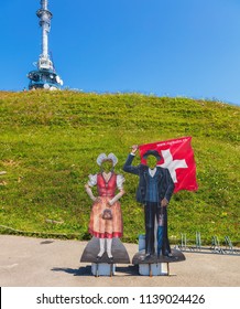 Mt. Rigi, Switzerland - July 19, 2018: view on the top of the mountain. Mt Rigi is a popular tourist destination, accessible by mountain rack railway.