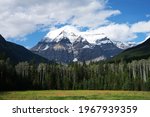 Mt Robson at sunset, British Columbia, Canada - aerial drone view