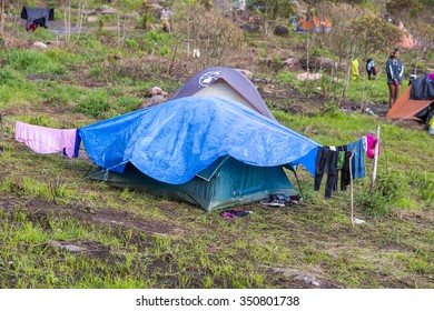 MT RORAIMA,VENEZUELA, APRIL 2: Campsite Under The Rain On The Way To Roraima Tepui At Dawn With Cloudy Sky. Gran Sabana. Venezuela 2015.