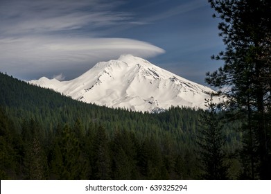 Mt. Shasta, California. Interesting Lenticular Cloud Formation Above Mount Shasta. Mt. Shasta Is A Potentially Active Volcano At The Southern End Of The Cascade Range In Siskiyou County, California. 