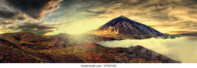 Mt Teide Volcano And Clouds Panorama