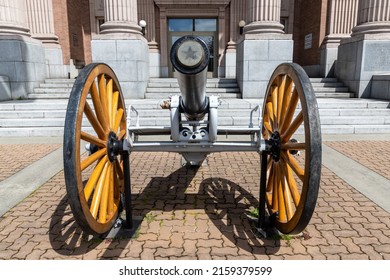 Mt. Vernon, WA - USA - 05-07-2022: Old Watervliet Arsenal Cannon Outside Skagit County Courthouse