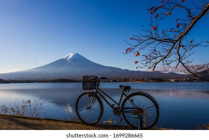 Mt.Fuji View From Kawaguchiko Lake With Bicycle Foreground..