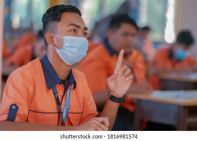 Muadzam Shah, Malaysia - July 8th,2020: Malaysian Students Facemasks In Classroom At School For Protect From Covid -19. New Normal Education.