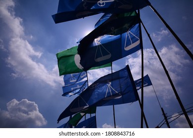 Muar, Malaysian- May 9, 2018: The Barisan Nasional And PAS Political Parties' Flags Are Successful Setup.