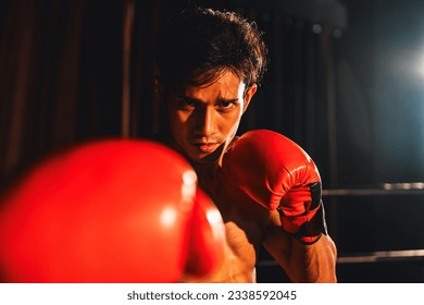 Muay Thai boxer punch his fist in front of camera in ready to fight stance posing at gym with boxing equipment in background. Focused determination eyes and prepare for challenge. Impetus - Powered by Shutterstock