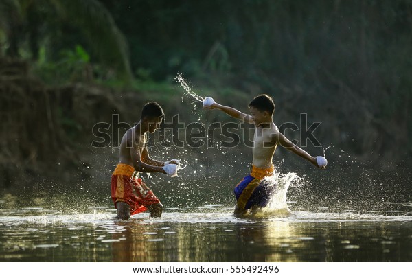 Muay Thai Boys Boxing River Thailand Stock Photo (Edit Now) 555492496