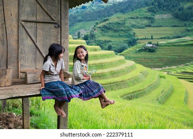 MUCANGCHAI, VIETNAM, SEPT 20: H'mong ethnic minority children on September 20, 2014 in Mucangchai, Vietnam. H'mong is the 8th largest ethnic group in Vietnam. 