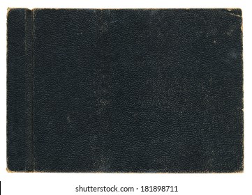 Much detail in frayed edges of this nineteen-forties era leather photograph album back cover. Leather shows lots of wear. 