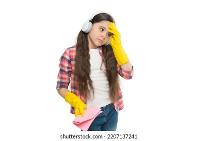 Too Much Work. Housekeeping And Home Cleaning Concept. Child Use Duster And Gloves For Cleaning. Cleanser At Home. Tired Girl Mopping House And Listening Music. Small Girl Cleaning Home