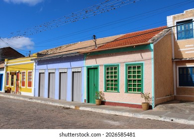 Mucuge, Bahia, Brazil - 08 15 2021: Facades of old colorful colonial houses