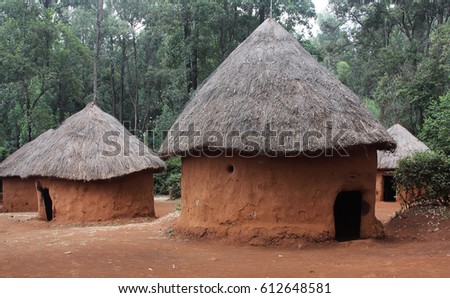 Mud huts in African village