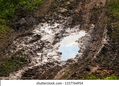 Mud Puddle And Tire Tracks On Meadow Road