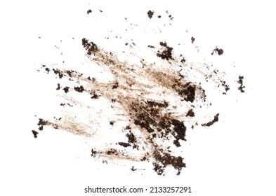 Mud spots of soil, isolated on white background, top view. Earth stain dirt isolated on white background, top view. Spot of fertile soil layer isolated on white background, top view.