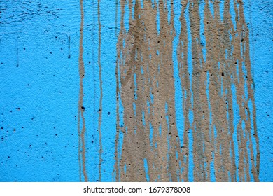 Mud Stain On Blue Paint Concrete Wall Texture Background.