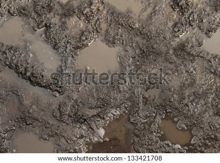 Mud texture or wet brown soil as natural organic clay and geological sediment mixture as in roughing it in a dirty muddy country road bog after the rain or rainy season found in a damp moist climate.