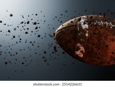 A muddy dirty american football ball caught in slow motion flying through the air scattering mud particles in its wake - 3D render - Powered by Shutterstock