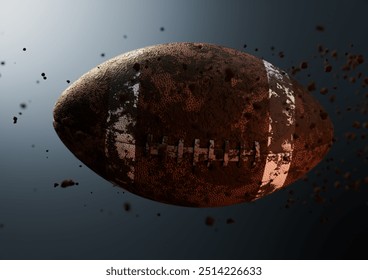 A muddy dirty american football ball caught in slow motion flying through the air scattering mud particles in its wake - 3D render - Powered by Shutterstock