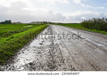 Muddy dirty bumpy rural gravel road with puddles of water after rain, perspective view, muddy country road, potholes with water