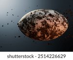 A muddy dirty rugby ball caught in slow motion flying through the air scattering mud particles in its wake - 3D render