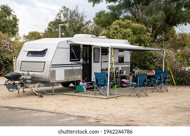 Mudgee, Australia -2021-04-07 RV Caravan Camping At The Caravan Park. Camping Vacation Familly Travel