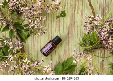 Mudgee, New South Wales / Australia - October 19 2020 - Illustrative editorial flat lay image of doterra lavender essential oil surrounded by pretty purple flowers on wooden surface